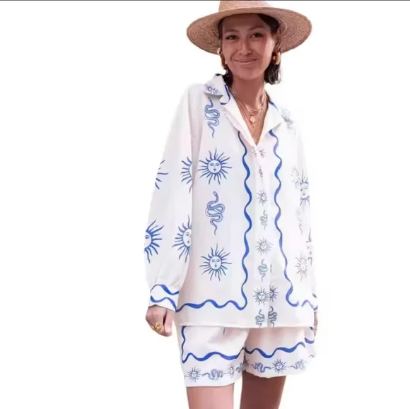 New Fashion Women'sSet Printed linen Casual versatile shirt cardigan shortstwo